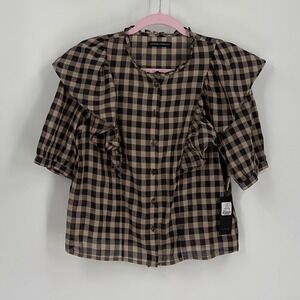 Citizens of Humanity Jolene Blouse Black Tan Gingham Ruffle Top $198 Retail Sz S